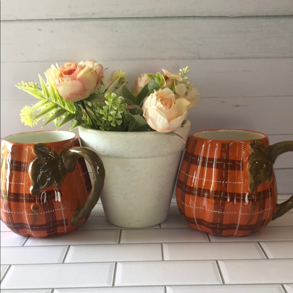 Orange Plaid Ceramic Pumpkin Mugs - Set of 2